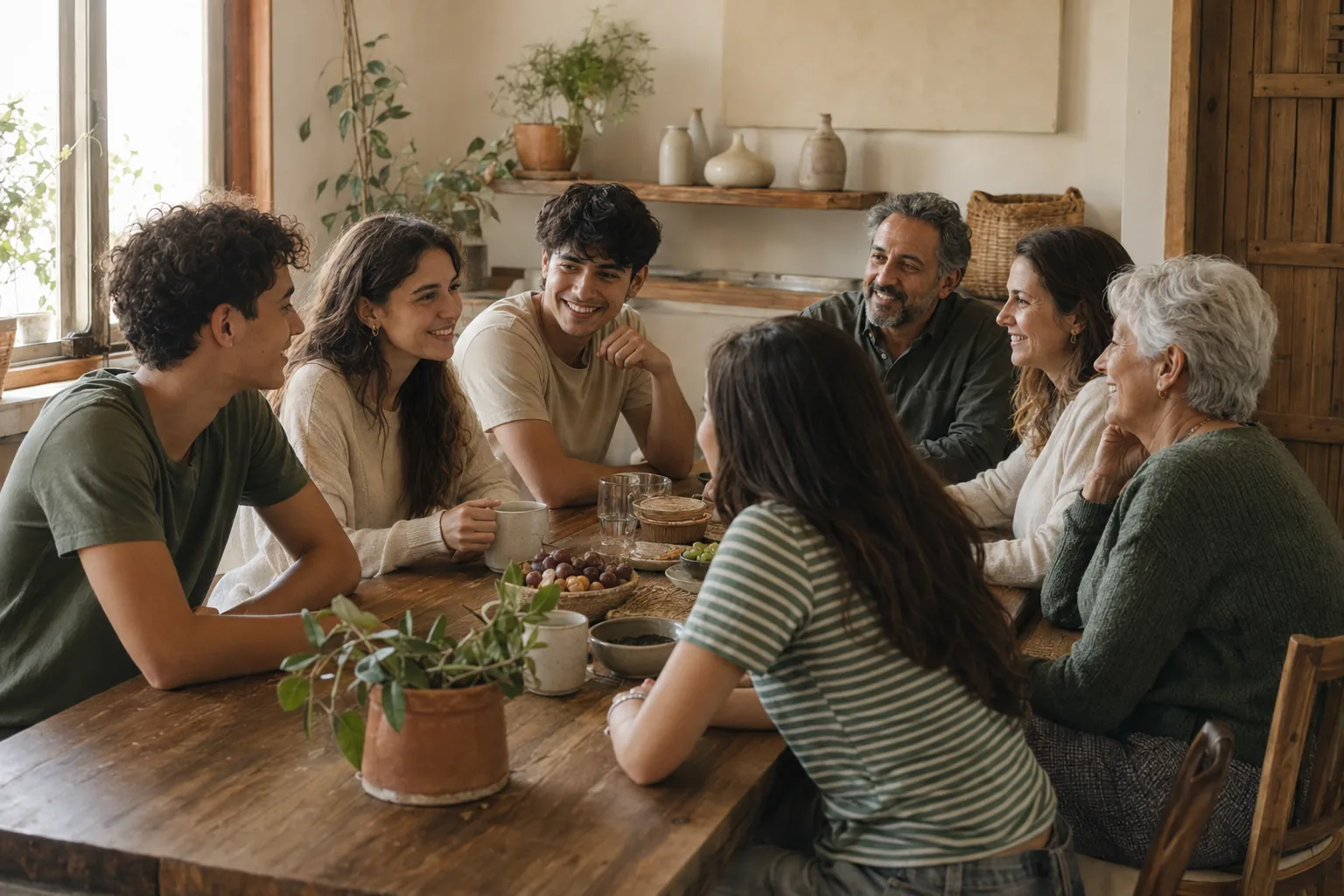 Jóvenes y adultos de distintas generaciones comparten mesa y conversación.