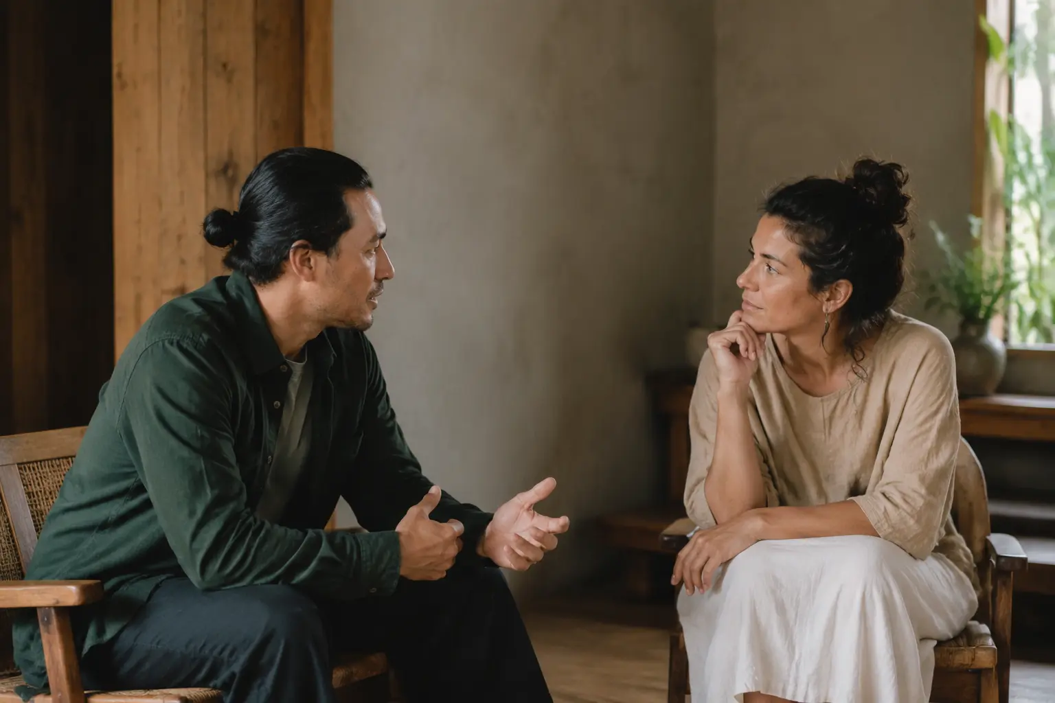 Dos personas conversan con calma en un entorno cercano.