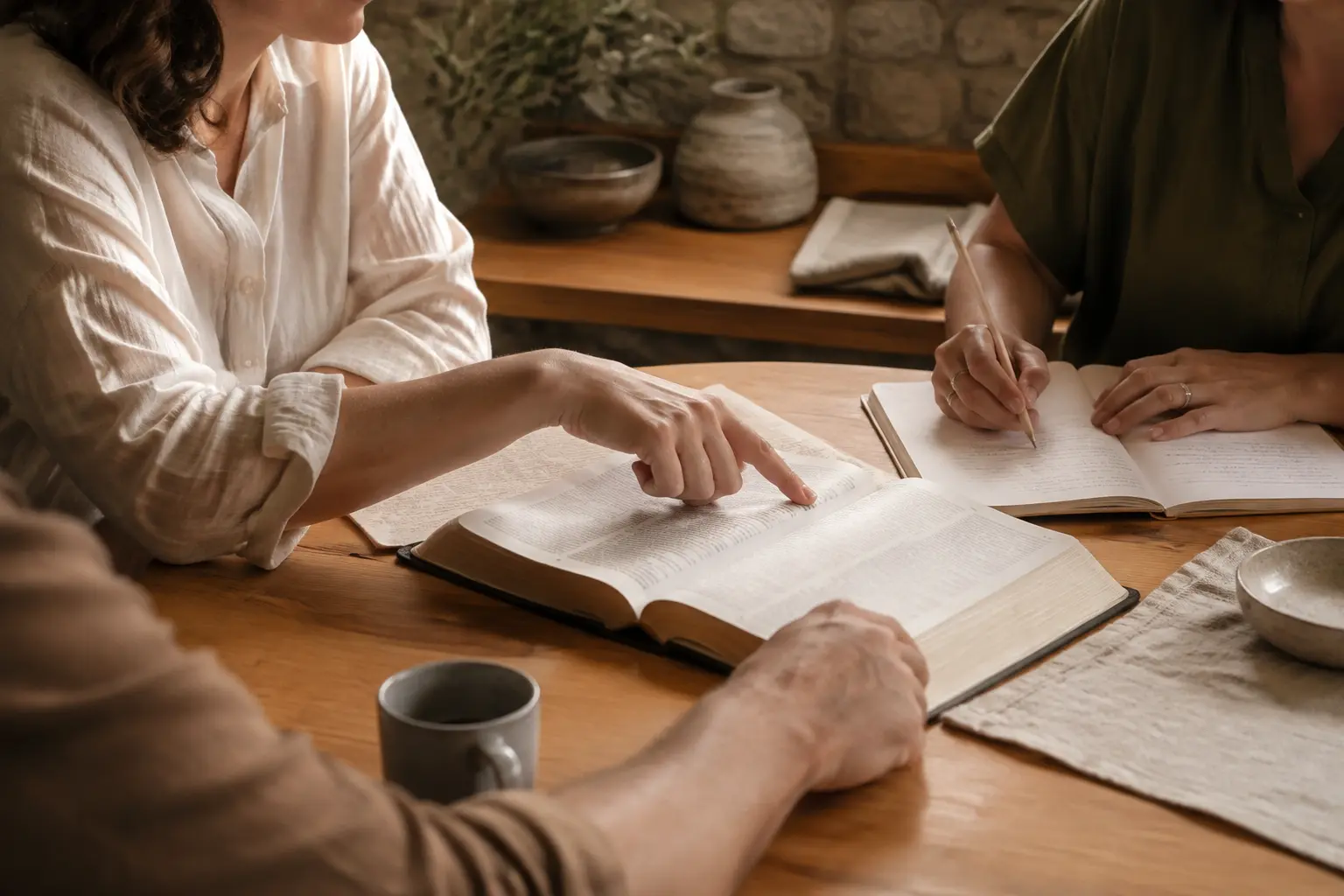 Varias personas aprenden juntas alrededor de una Biblia y un cuaderno.